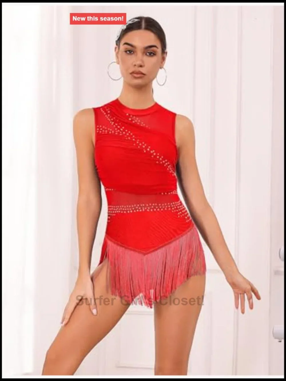 Rhinestone Fringe Latin Dance Bodysuit Halter Leotard